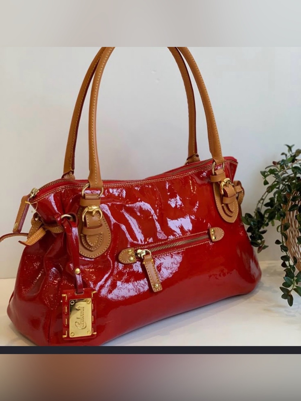 Cavalcanti Genuine RED Patent Leather Sachel/Handbag Red Tote with Tan Trim